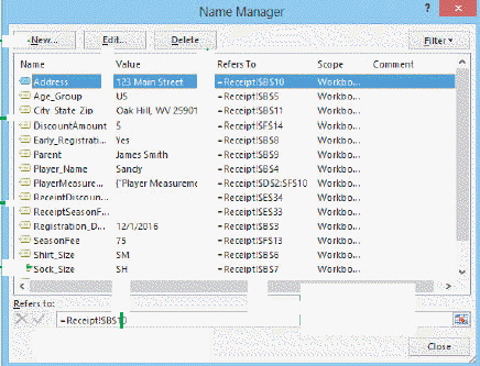 Clicking the Edit button in the accompanying figure opens the New Name dialog box in which you can modify the selected defined name.
