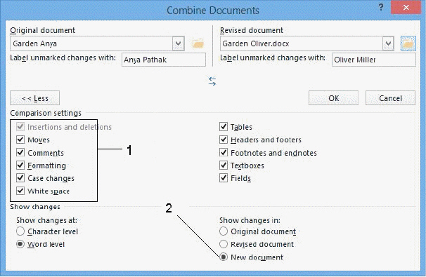 The item marked 1 controls which items will be marked by tracked changes .