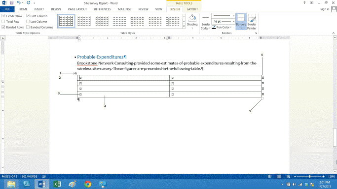 <strong> Which arrow in the accompanying figure indicates where text would appear if you were to begin typing in the above table?</strong> A) 1 B) 2 C) 3 D) 6