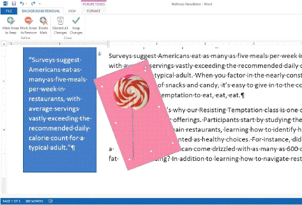 In the accompanying figure, the blue border helps Word narrow the area of focus as it tries to distinguish between the background and the parts of the image you want to keep.