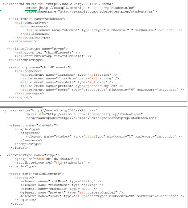<strong>Case-based Critical Thinking Questions Case 4-2 Urma has begun to apply the basic information that you have given her about schemas, and she wants to understand a schema with and without qualified XML Schema object names. Urma needs to identify the code for references to objects from XML Schema namespace that require a prefix. What line of code represents this?</strong> A) <xsi:complexType name =sType> B) <xsi:group ref =childElements/> C) <xsi:attributeGroup ref =studentAtt /> D) <xsi:complexType name =Type>