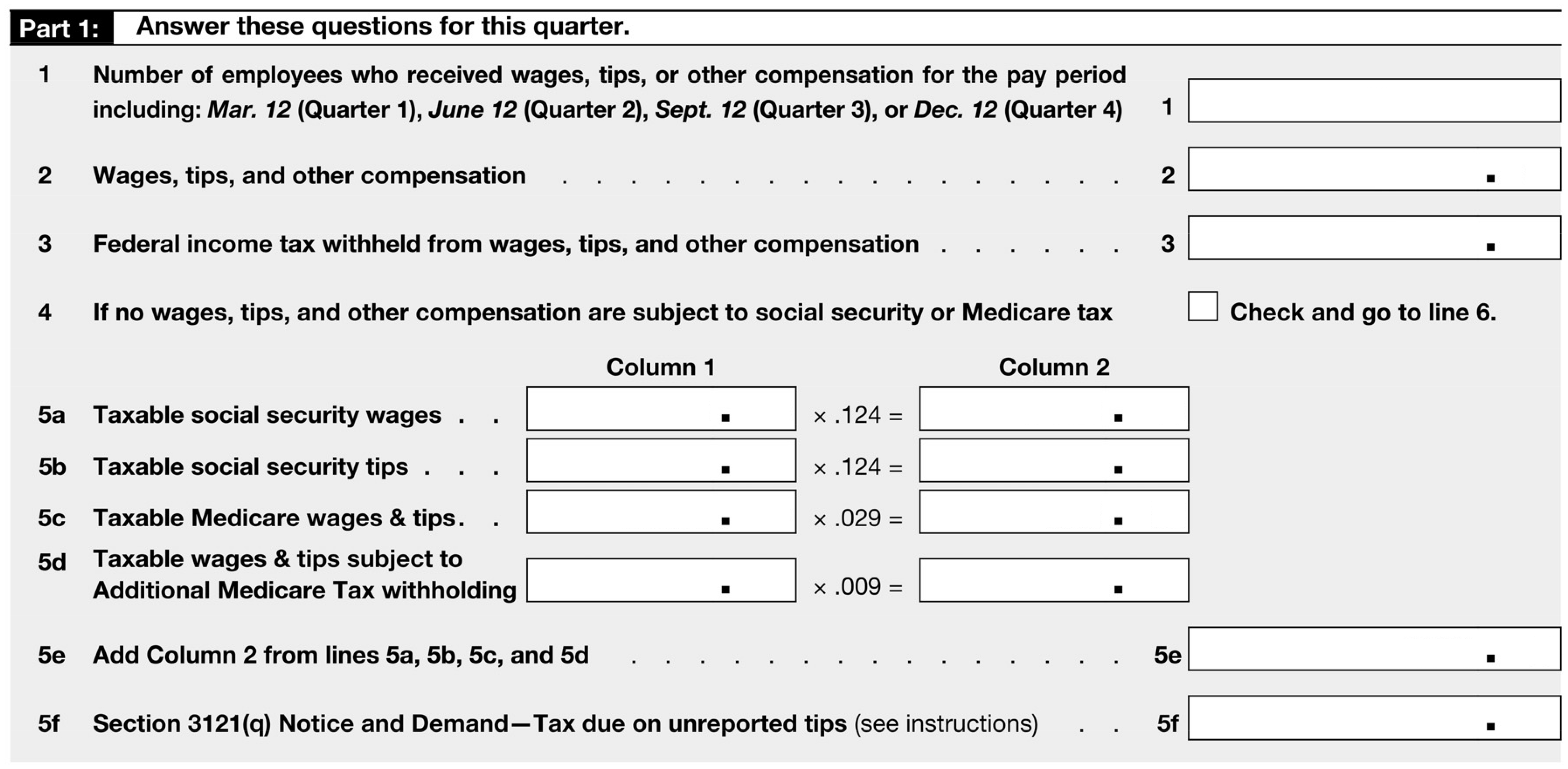 Lidge Company of Texas (TX) is classified as a monthly depositor and pays its employees monthly. The following payroll information is for the second quarter of 20--. The number of employees on June 12, 20-- was 11. a. Complete the following portion of Form 941. Source: Internal Revenue Service b. Complete the following portion of Form 941. Source: Internal Revenue Service c. Complete Part 2 of Form 941. Source: Internal Revenue Service d. What are the payment due dates of each of the monthly liabilities assuming all deposits were made on time, and the due date of the filing of Form 941 (year 20--)?