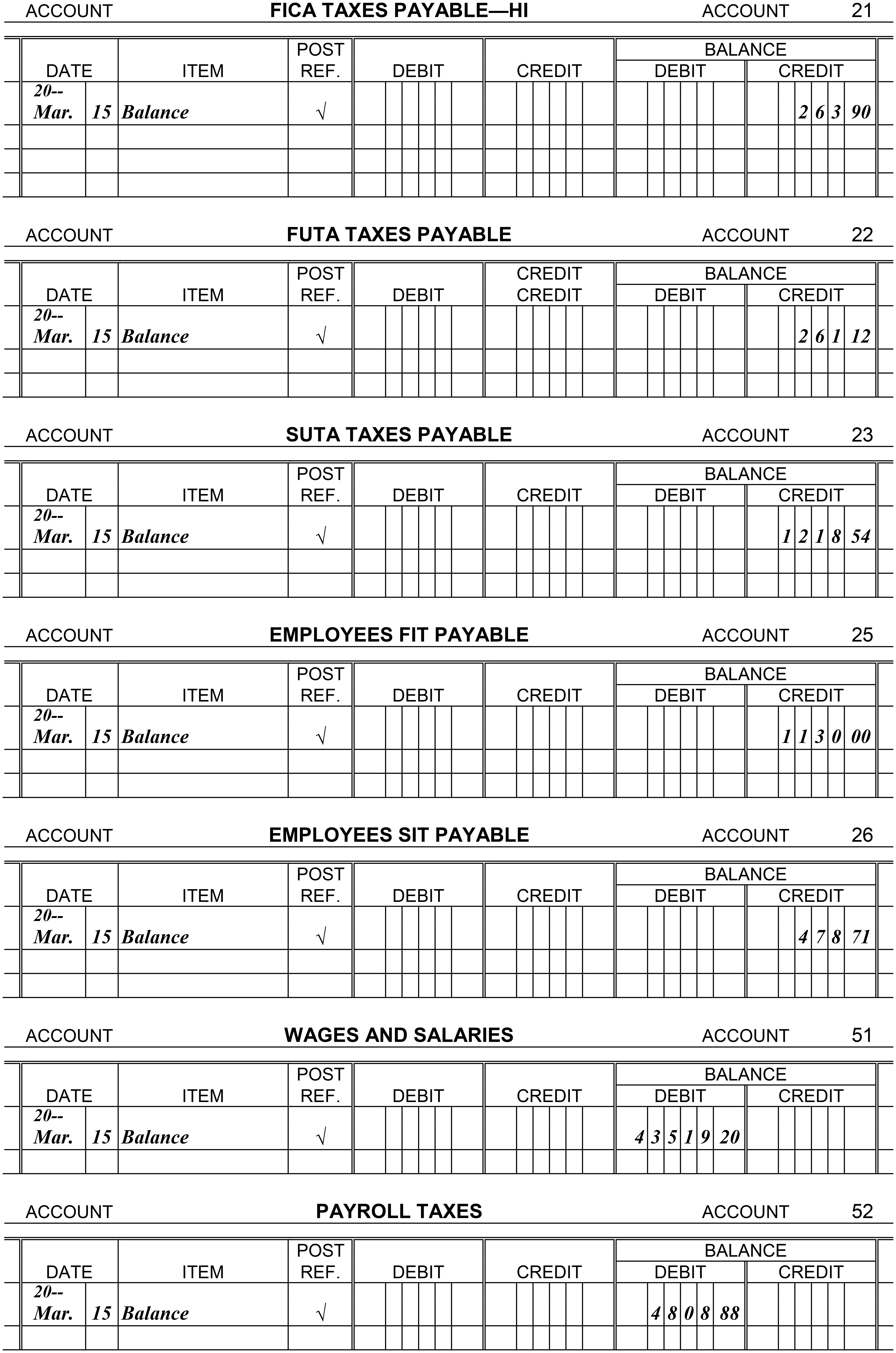 Journalize each of the payroll transactions listed below. Omit the writing of a description or explanation for each journal entry, and  do not skip a line between each entry . Then post all entries except the last two to the appropriate general ledger accounts.   The balances listed in the general ledger accounts for Cash, FUTA Taxes Payable, SUTA Taxes  Payable, Employees SIT Payable, Wages and Salaries, and Payroll Taxes are the results of all payroll  transactions for the first quarter, not including the last pay of the quarter. The balances in FICA Taxes  Payable-OASDI, FICA Taxes Payable-HI, and Employees FIT Payable are the amounts due from  the March 15 payroll. March 31, 20--: Paid total wages of $9,350.00. These are the wages for the last semimonthly pay of March. All of this amount is taxable under FICA (OASDI and HI). In addition, withhold $1,175 for federal income taxes and $102.03 for state income taxes. These are the only deductions made from the employees' wages. March 31, 20--: Record the employer's payroll taxes for the last pay in March. All of the earnings are taxable under FICA (OASDI and HI), FUTA (0.6%), and SUTA (2.8%). April 15, 20--: Made a deposit to remove the liability for the FICA taxes and the employees' federal income taxes withheld on the two March payrolls. May 2, 20--: Made the deposit to remove the liability for FUTA taxes for the first quarter of 20--. May 2, 20--: Filed the state unemployment contributions return for the first quarter of 20-- and paid the total amount owed for the quarter to the state unemployment compensation fund. May 2, 20--: Filed the state income tax return for the first quarter of 20-- and paid the total amount owed for the quarter to the state income tax bureau. December 31, 20--: In July 20--, the company changed from a semimonthly pay system to a weekly pay system. The employees were paid every Friday through the rest of 20--. Record the adjusting entry for wages accrued at the end of December ($770) but not paid until the first Friday in January. Do not post this entry. December 31, 20--: The company has determined that employees have earned $19,300 in unused vacation time. Record the adjusting entry to put this expense on the books. Do not post this entry.      <div style=padding-top: 35px> 