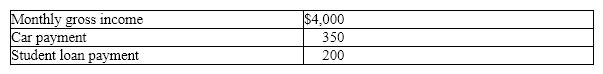 <strong>Barb and Bob want to purchase a new home but don't know how much mortgage they can qualify for. The lender requires that the total installment of loan payments does not exceed 35% of the monthly income. Based on Barb and Bob's financial data given below, what is the maximum monthly mortgage payment for which they can qualify? </strong> A)$1,400 B)$1,208 C)$1,502 D)$850 E)$500