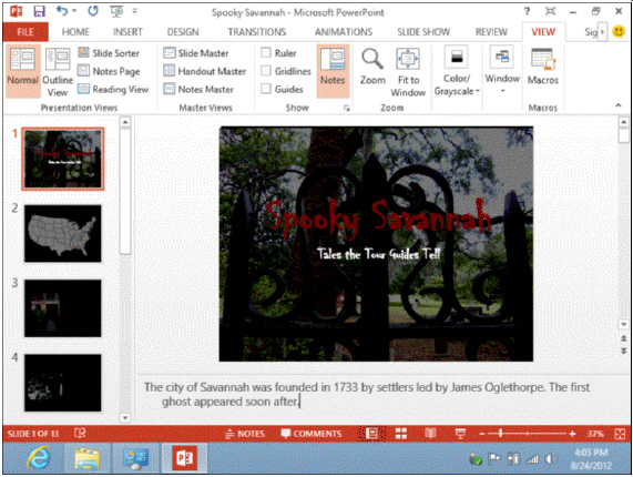 <strong> In the accompanying figure, the area towards the bottom of the screen that says The city of Savannah was founded ... is set aside for _____.</strong> A) speaker notes B) author notes C) audience notes D) Web authoring notes