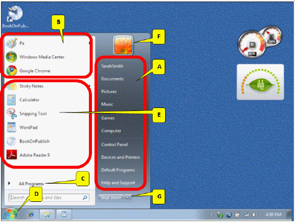 <strong> Referring to the accompanying figure, which of the following callouts points to the list of frequently used programs?</strong> A) A B) B C) E D) C