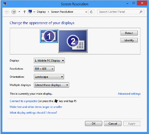 <strong> Referring to the accompanying figure, which of the following links should be used to adjust display color quality?</strong> A) What display settings should I choose B) Display C) Advanced settings D) Connect to the projector