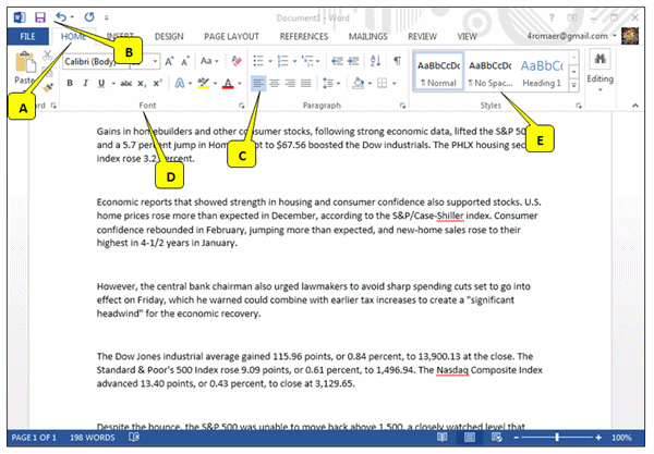<strong> Referring to the picture above, which callout points to the Quick Access toolbar?</strong> A) A B) B C) C D) D