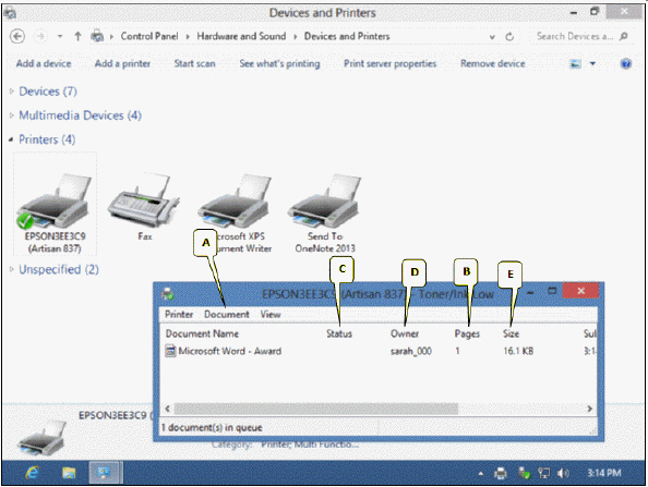 <strong> Refering to the accompanying figure, how many documents are in the print queue?</strong> A) none B) 1 C) 2 D) 3