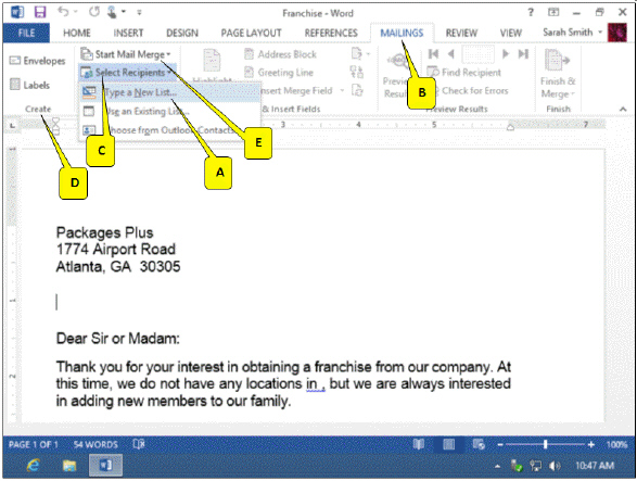 <strong> Refering to the accompanying figure, which of the following sequences is correct for performing a mail merge?</strong> A) A B C D E B) B D E C A C) B C D E A D) B D E A C