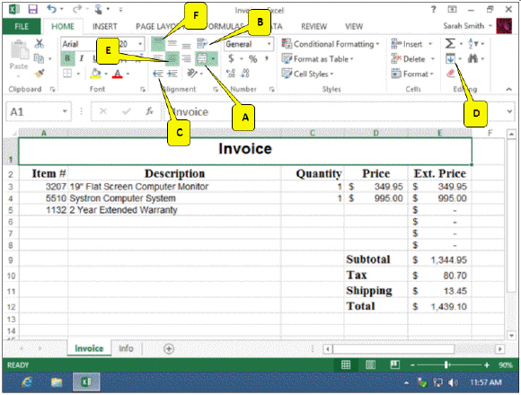 <strong> In the accompanying figure, which label was centered using the Merge and Center button?</strong> A) Description B) Invoice C) Price D) Item #