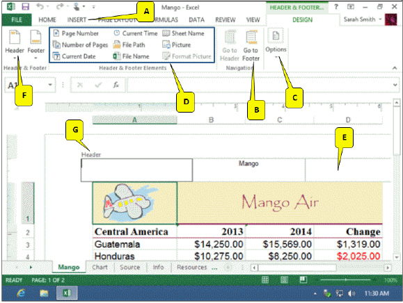<strong> In the accompanying figure, which callout points to the button you should click to select header and footer options?</strong> A) F B) C C) D D) B