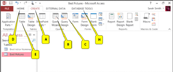 <strong> Referring to the accompanying figure, which callout points to the button you can click to create simple queries quickly?</strong> A) E B) B C) C D) H