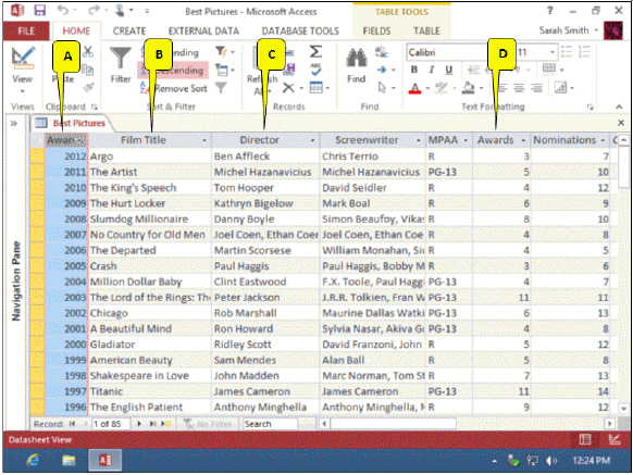 <strong>Case Based Critical Thinking Questions Case 17-1 Maxwell has developed a Movies database. He presented his design to his class, and some of his listeners had questions. Here is one of the tables Maxwell showed to the audience. Referring to the accompanying figure, James asks which of the columns is a primary key. Maxwell points to _____.</strong> A) A B) B C) C D) D
