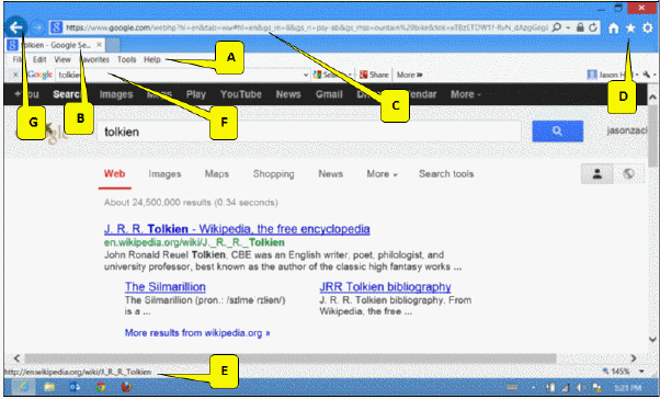 <strong> Referring to the accompanying figure, which of the following is pointed to by callout F?</strong> A) Status bar B) Tools and controls C) Menu bar D) Toolbar