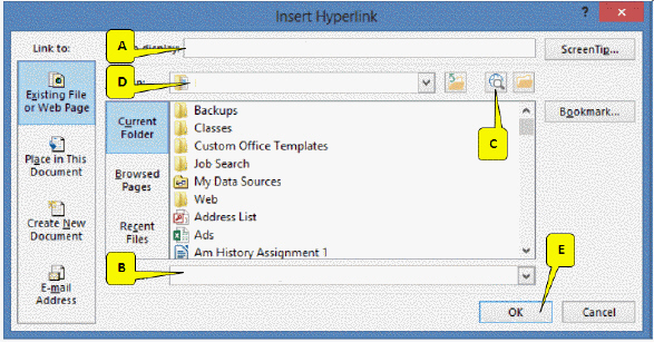 <strong> Referring to the figure above, which callout points to the field where you should enter the text that you would like to be displayed as a link?</strong> A) A B) B C) C D) D