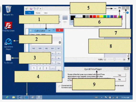 <strong> In the accompanying figure, item 9 is pointing to a ____.</strong> A) dialog box B) notification area C) desktop icons D) pinned items