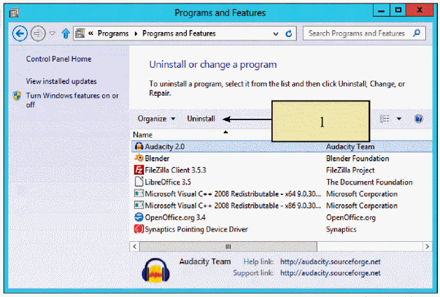 <strong> In the accompanying figure, item 1 is pointing to the ____.</strong> A) Uninstall software button B) title bar C) Control Panel D) Program name