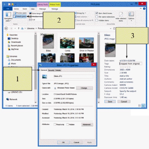 <strong> In the accompanying figure, item 2 is pointing to the ____.</strong> A) file's hidden properties B) file tags and ratings C) libraries D) details pane