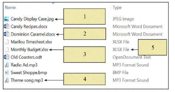 <strong> In the accompanying figure, item 1 is pointing to the ____.</strong> A) graphics file B) Microsoft Excel file C) Microsoft Word file D) file type