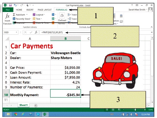 <strong> In the figure above, what is the function of the button to which item 1 is referring?</strong> A) It inserts a function into the selected cell. B) It deletes the contents of the selected cell. C) It opens a dialog box that gives you options for creating formulas. D) It calculates the result of a function.