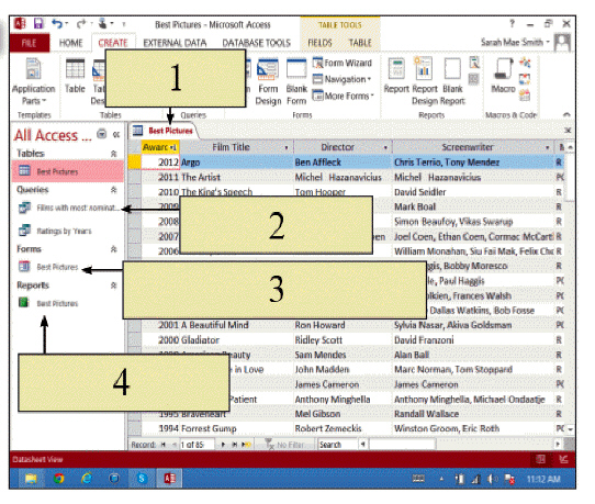 <strong> In the accompanying figure, the feature indicated by item 1 indicates a ____ in a database that holds records that contain data.</strong> A) table B) form C) tab D) file