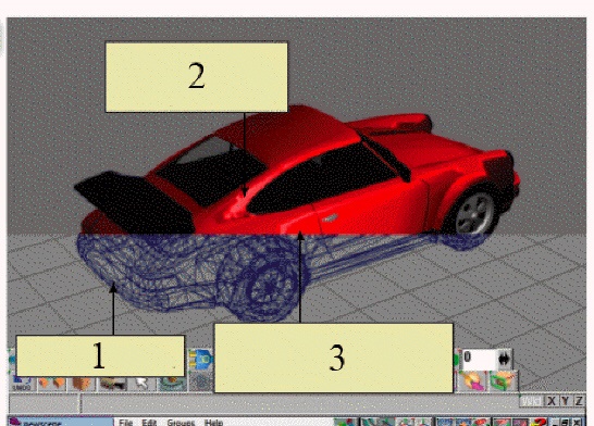 <strong> In the figure above, the drawing indicated by item 1 was created by ____.</strong> A) outlining every surface on the front, back, and inside of the object B) using the ray tracing feature C) sifting the image D) tracing an image of a car on a graphics tablet