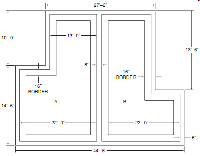 Use this illustration for the following questions. To the nearest square foot, what is the area of room A excluding the walls and border?