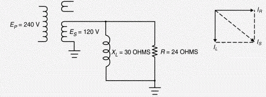 A transformer secondary circuit is shown. Find . Express the answer to the nearer tenth. Hint: First apply Ohm s law E=IR to find and .