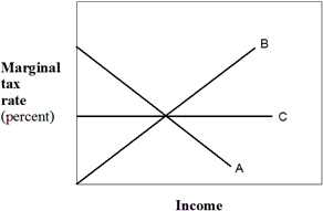 <strong>Exhibit 16-4 Marginal tax rate lines In Exhibit 16-4, line B represents a:</strong> A) regressive tax. B) progressive tax. C) proportional tax. D) flat tax.