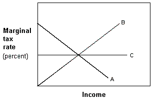 <strong>Exhibit 16-4 Marginal tax rate lines In Exhibit 16-4, line C represents a(n):</strong> A) regressive tax. B) progressive tax. C) proportional tax. D) ability-to-pay tax.