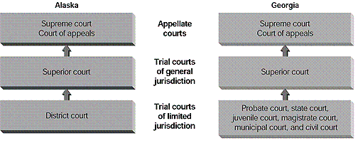<strong>According to the figure, why is Georgia considered to have an unreformed court structure?  </strong> A)It has neither reduced the number of courts nor standardized their names. B)It has fewer trial courts of limited jurisdiction than does Alaska. C)It uses a nonstandard name for the appellate courts. D)It uses a nonstandard name for the trial courts of general jurisdiction. <div style=padding-top: 35px> 