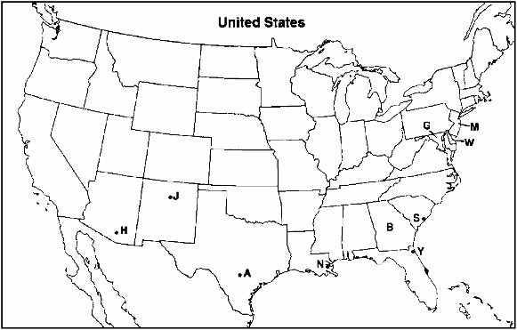 MAP QUESTIONS Instructions: Choose the letter on the accompanying map of the United States that correctly identifies each of the following: Mose, Florida