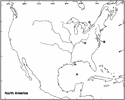 Instructions: Choose the letter on the accompanying map of North America that correctly identifies each of the following: Gulf of Mexico