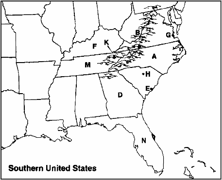 Instructions: Choose the letter on the accompanying map of the southern United States that correctly identifies each of the following: Camden, South Carolina