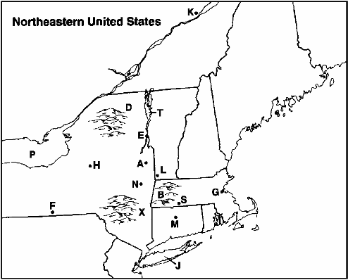 Instructions: Choose the letter on the accompanying map of the Northeast that correctly identifies each of the following: Quebec