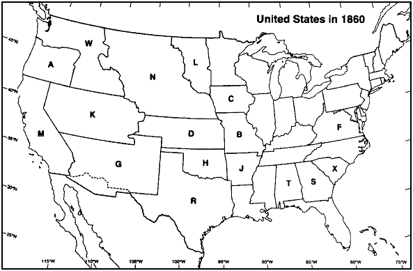 MAP QUESTIONS Instructions: Choose the letter on the accompanying map of the United States in 1860 that correctly identifies each of the following: Utah Territory
