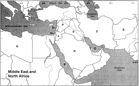 MAP QUESTIONS Instructions: Choose the letter on the accompanying map of the Middle East and North Africa that correctly identifies each of the following: Syria