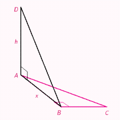 The figure shows two right triangles drawn at    to each other.   ​ If   ,   , and   , find x and then find h . Round each answer to the nearest whole number. ​