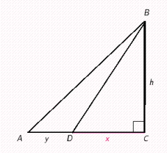 In the figure, the distance from A to D is y , the distance from D to C is x , and the distance from C to B is h . If , , , and , find x , then y . Round each answer to the nearest tenth. 