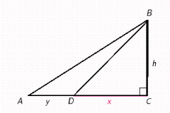 In the figure, the distance from A to D is y , the distance from D to C is x , and the distance from C to B is h . If , , and , find h , then x . Round each answer to the nearest whole number. 