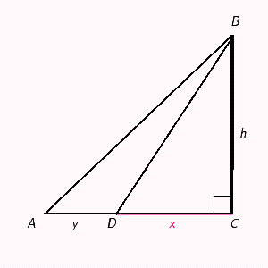 In the figure, the distance from A to D is y , the distance from D to C is x , and the distance from C to B is h . If , , , and , find x , then y . Apply the rules regarding the use of significant digits when determining your answer. __________ __________