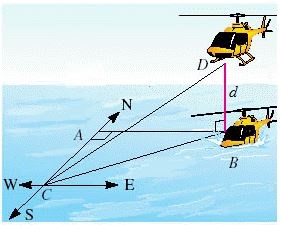 A helicopter makes a forced landing at sea. The last radio signal received at station C gives the bearing of the helicopter from C as at an N 56.9 ° E altitude of 427 feet. An observer at C sights the helicopter and gives as 12.8°. How far will a rescue boat at A have to travel to reach any survivors at B (see the figure)? Round your answer to the nearest ten feet. 