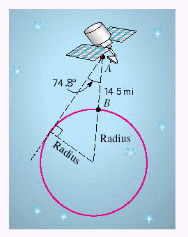 A satellite is circling 145 miles above the earth, as shown in the figure. When the satellite is directly above point B , angle A is found to be 74.8º. Use this information to find the radius of the earth. Apply the rules regarding the use of significant digits when determining your answers. Earth's radius = __________ mi