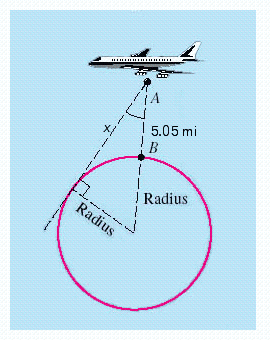Suppose the figure below is an exaggerated diagram of a plane flying above the earth. The plane is 5.05 miles above the earth and the radius of the earth is 4,000 miles. To each of your answers, apply the rules regarding the use of significant digits when determining your answer. Round the distance to the nearest miles and the angle to the nearest tenth of degree. How far is it from the plane to the horizon? __________ mi What is the measure of angle A ? __________ °