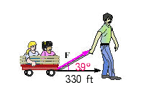Mark pulls Allison and Mattie in a wagon by exerting a force of 20 pounds on the handle at an angle of with the horizontal. How much work is done by Mark in pulling the wagon 330 feet? Apply the rules regarding the use of significant digits when determining your answer. __________