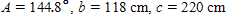 <strong>The information below refers to triangle ABC . cm Find all the missing parts. Apply the rules regarding the use of significant digits after all computations are complete. </strong> A) B) C) D) E)