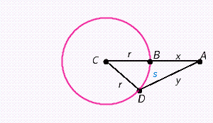 <strong>The circle in the figure below has a radius of r and center at C . The distance from A to B is x , the distance from A to D is y , and the length of arc BD is s . For the following problem, redraw the figure, label it with the values given, and then solve. If and , find x . Apply the rules regarding the use of significant digits after all computations are complete. </strong> A) B) C) D) E)