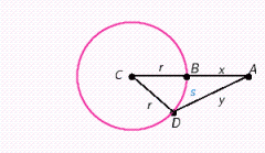 The circle in the figure below has a radius of r and center at C . The distance from A to B is x , the distance from A to D is y , and the length of arc BD is s . For the following problem, redraw the figure, label it with the values given, and then solve. If and find y . Apply the rules regarding the use of significant digits after all computations are complete. __________