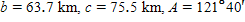 Referring to triangle ABC, find the area of the triangle.   ? Round to three significant digits.